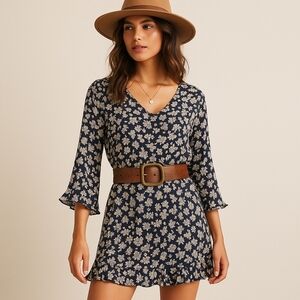 ⭐Navy Floral Open-Back Boho Tunic Dress Size Medium Fall Leaves Pattern